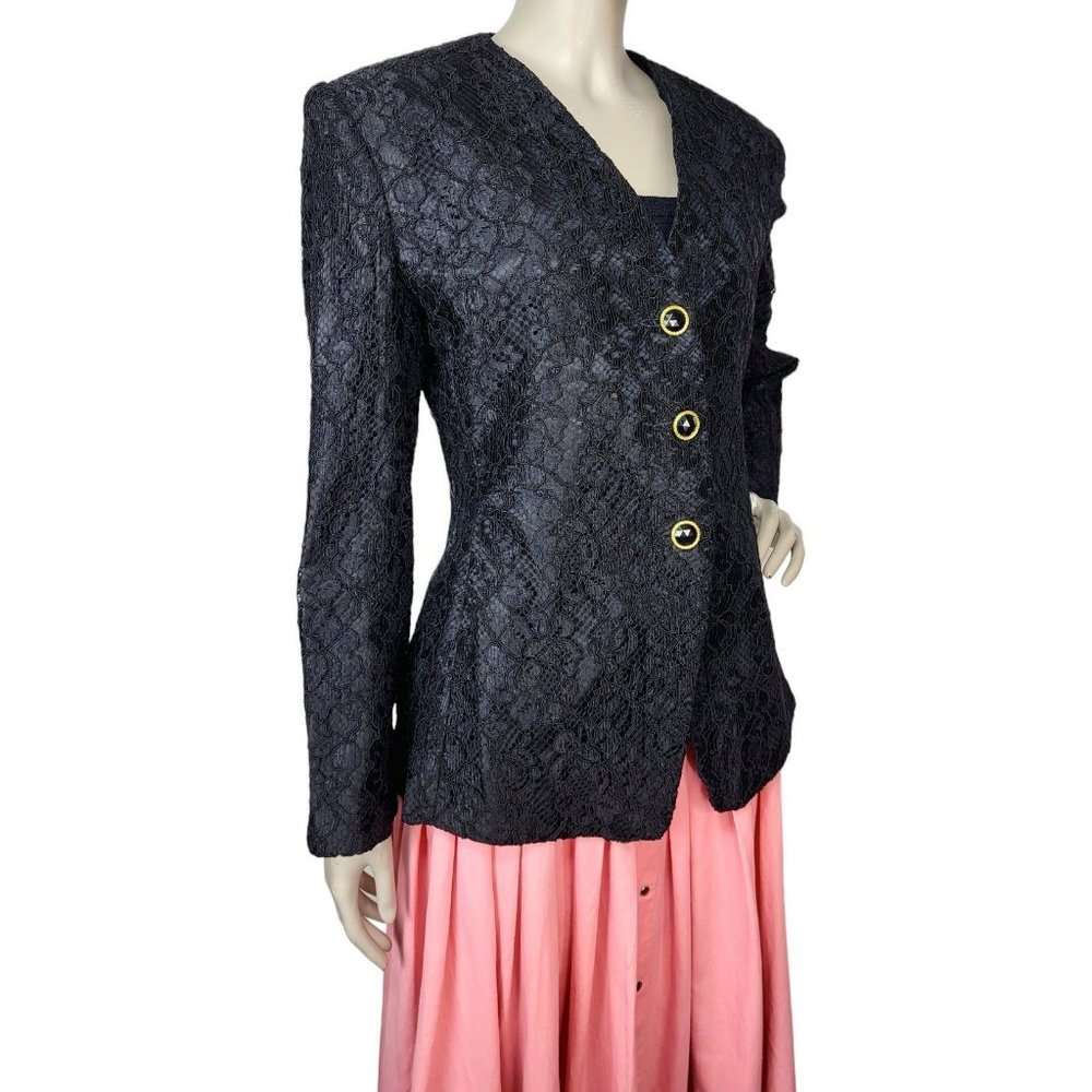 Vintage Oleg Cassini Black Lace Collarless Three-Button Blazer Jacket
